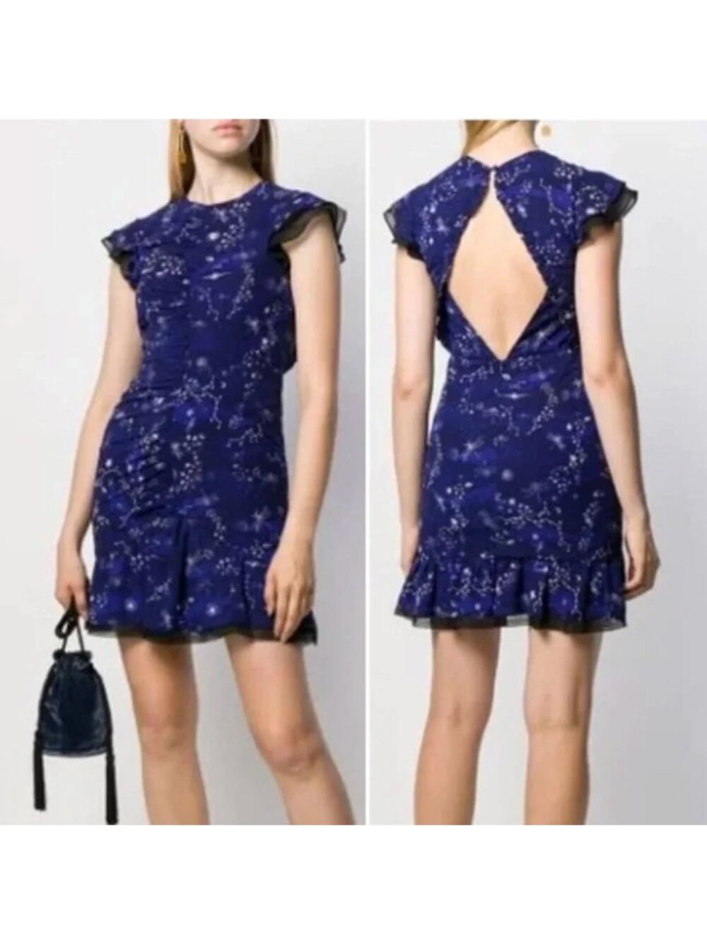 Three Floor Afterglow Dress Ruffle Celestial Galaxy Navy Blue Ruffle Trim 6